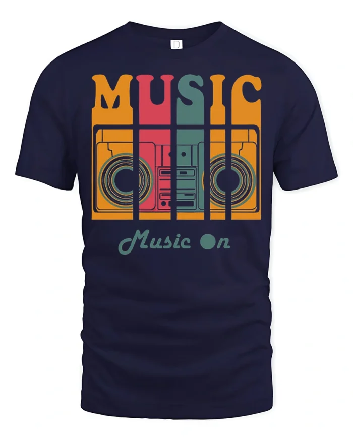 Music On Vintage Speaker Graphic T Shirt Retro Audio Lover Tee - navy t-shirt on white background