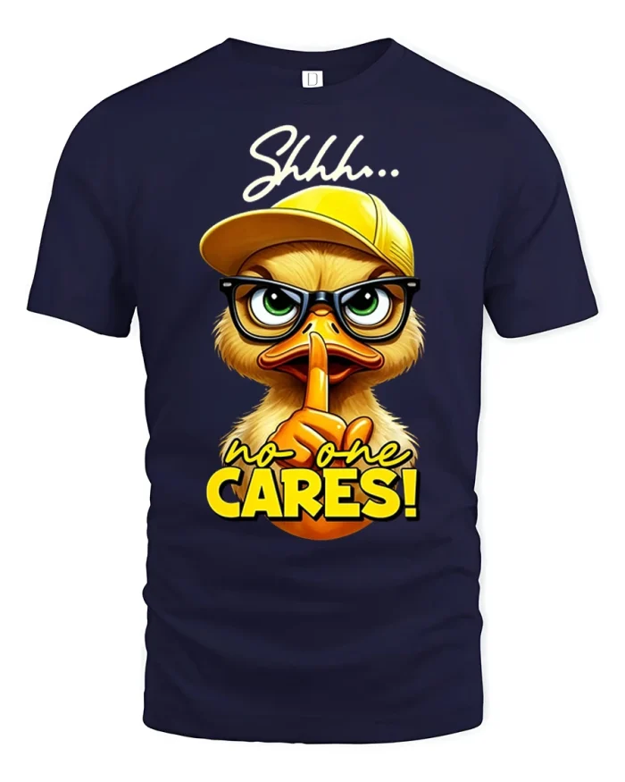 Shhh No One Cares Funny Duck Graphic T Shirt Sarcastic Tee - navy t-shirt on white background