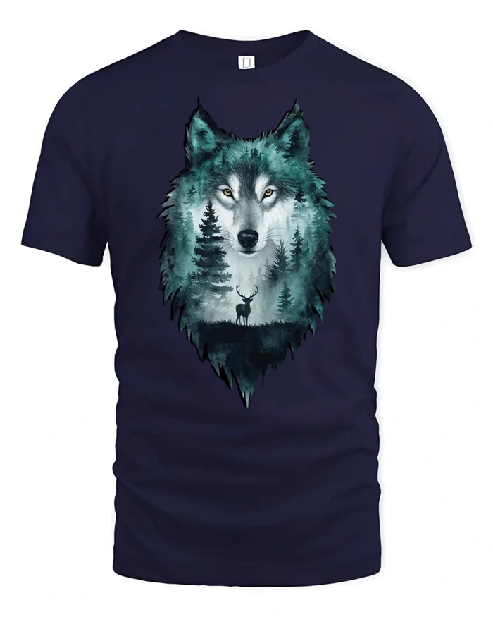 Mystic Wolf T Shirt Forest Spirit Nature Wildlife Graphic - navy t-shirt on white background