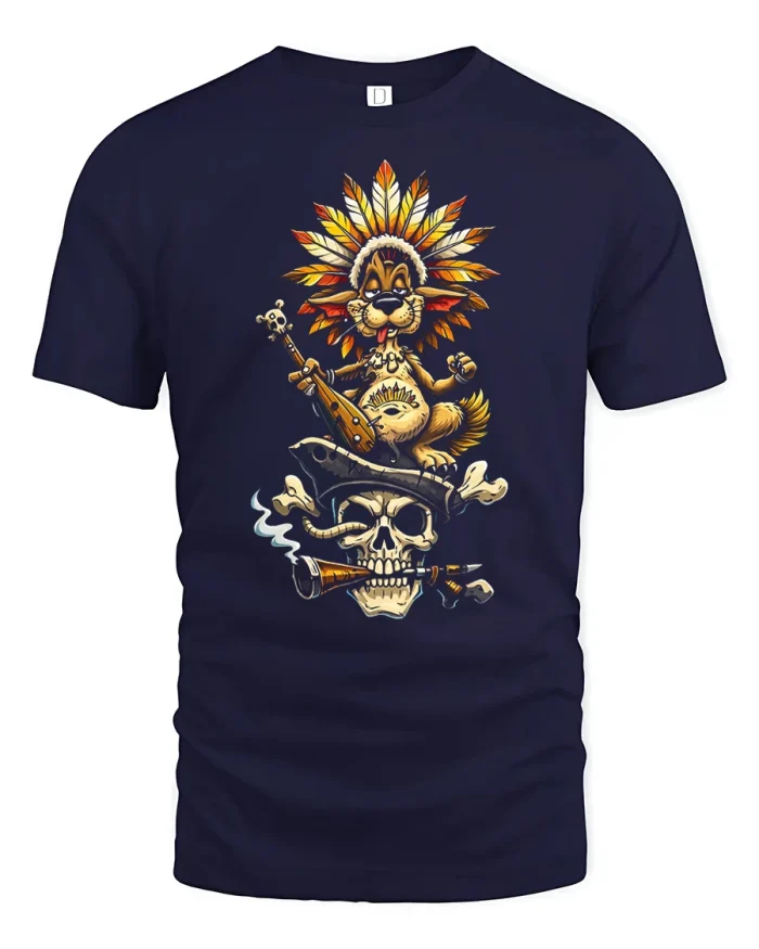 Funny Lion Rockstar T Shirt Skull Guitar Music Graphic - navy t-shirt on white background
