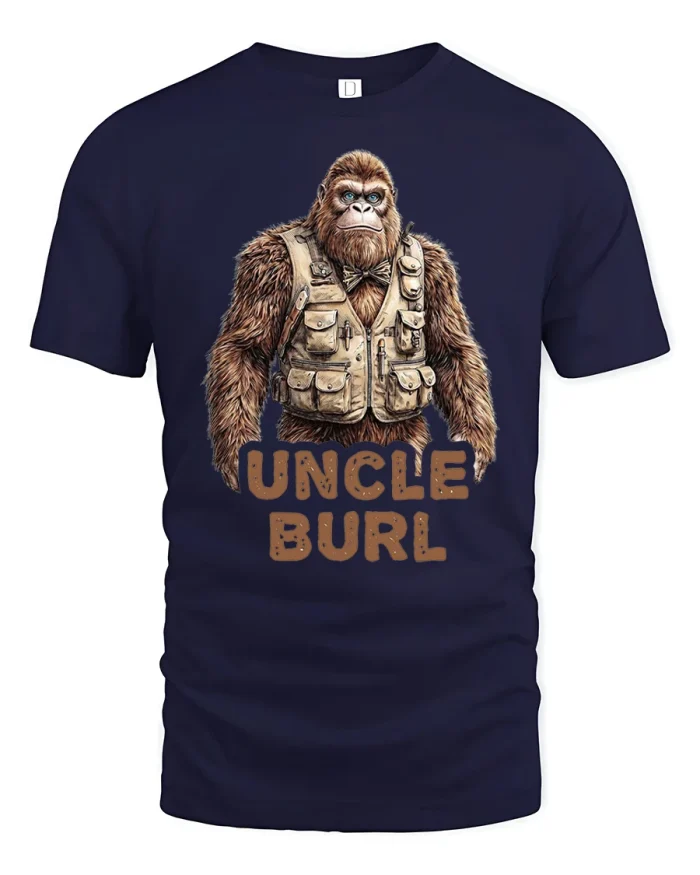 Funny Sasquatch T Shirt Uncle Burl Bigfoot Outdoor Graphic - navy t-shirt on white background