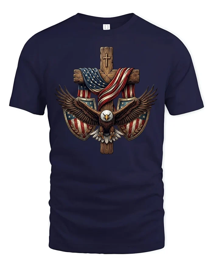 Christian American Eagle Cross Patriotic Graphic T Shirt Tee - navy t-shirt on white background