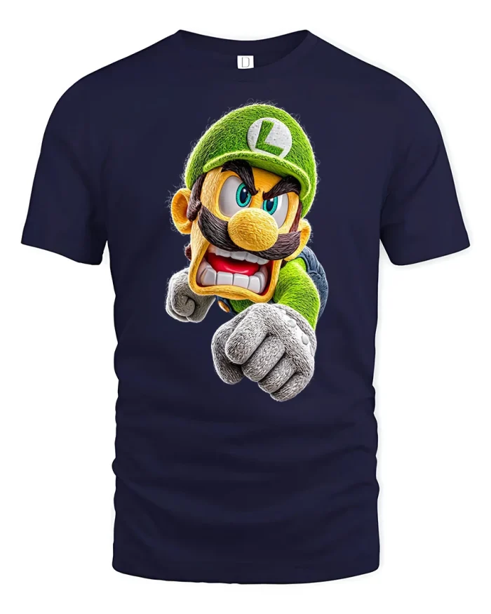 Funny Green Plumber Gamer Cartoon Graphic T Shirt Tee - navy t-shirt on white background