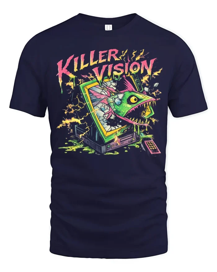 Killer Vision Retro Horror Monster TV Graphic T Shirt Tee - navy t-shirt on white background
