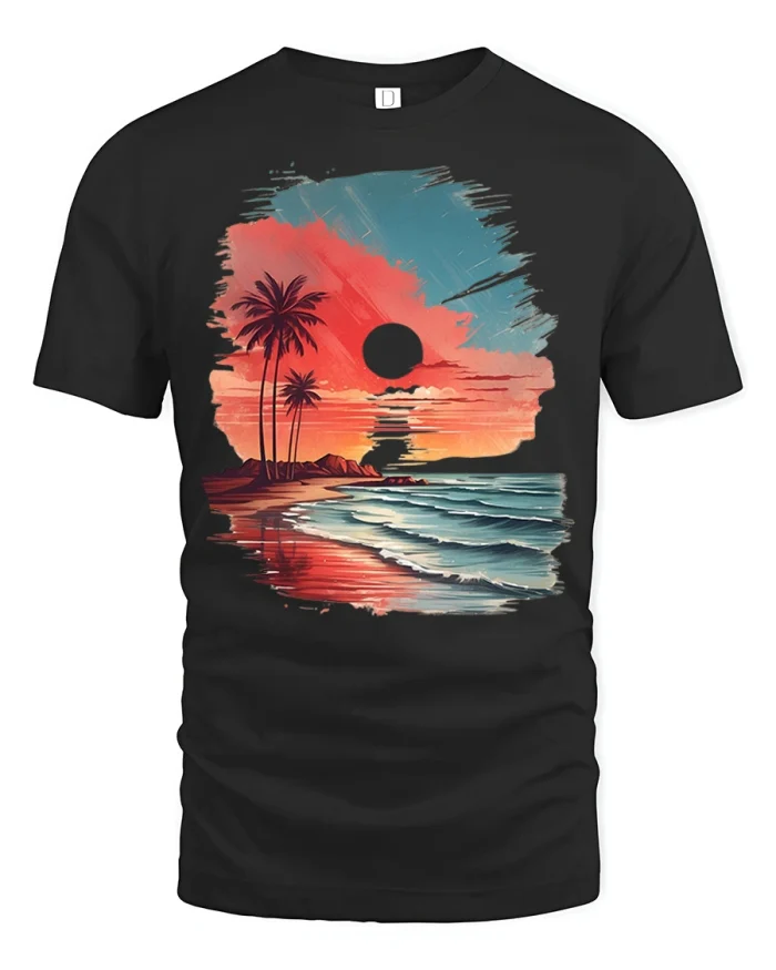 Vintage Tropical Beach Sunset Ocean Waves Graphic Tee Shirt - black t-shirt on white background