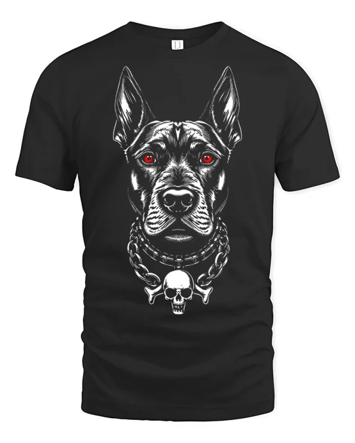 Fierce Doberman Skull Chain Gothic Graphic Tee Shirt Design - black t-shirt on white background