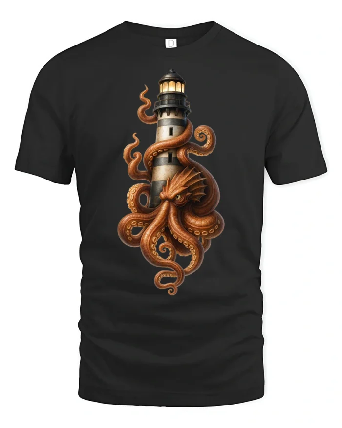 Kraken Lighthouse Ocean Guardian Graphic T Shirt Soft Cotton Style - black t-shirt on white background