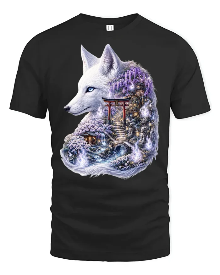 Mystic White Fox Spirit Japanese Shrine Graphic T Shirt Soft Cotton - black t-shirt on white background