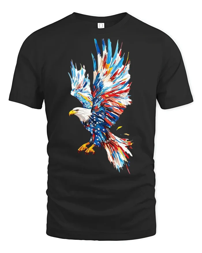 Abstract Paint Splatter Patriotic Bald Eagle Graphic Tshirt - black t-shirt on white background