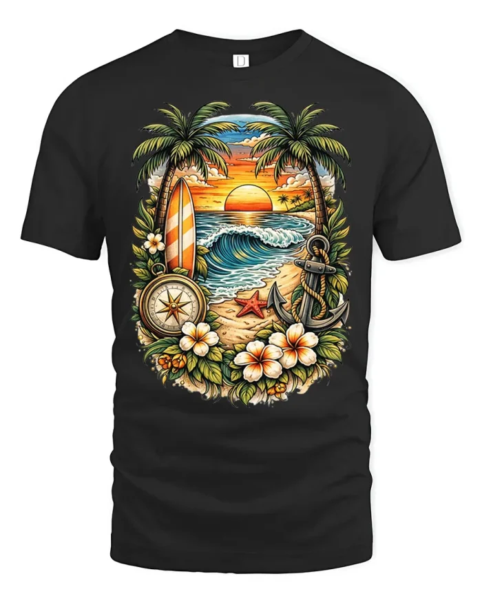 Vintage Tropical Beach Sunset Anchor Compass Graphic Tshirt - black t-shirt on white background