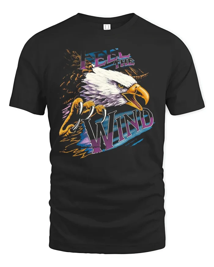 Funny Feel The Wind Retro Bald Eagle Graphic Cotton Tshirt - black t-shirt on white background