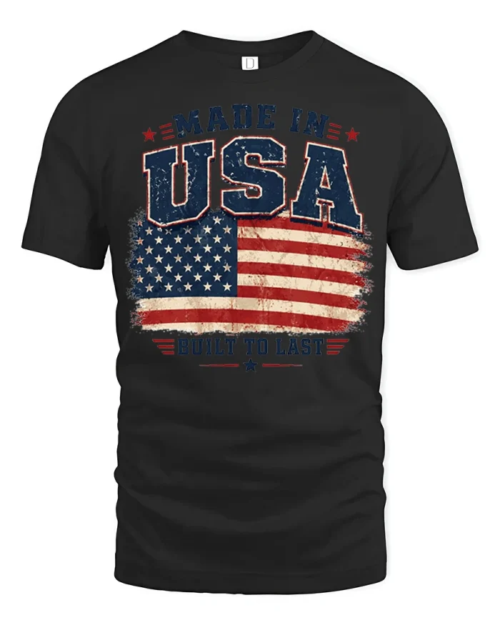Made In USA Built To Last Patriotic American Flag Vintage Tee - black t-shirt on white background