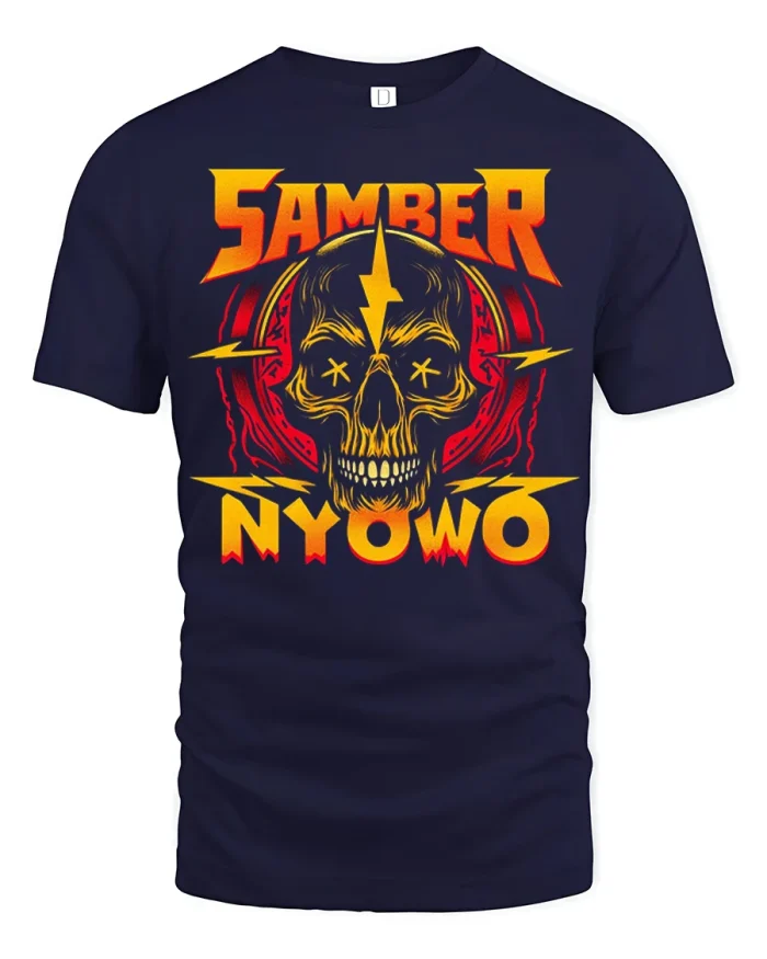 Samber Nyowo Skull Lightning Graphic Vintage Heavy Metal Tee - navy t-shirt on white background