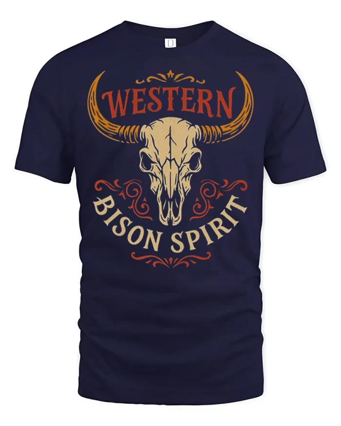 Western Bison Spirit Vintage Cowboy Skull Graphic Tee - navy t-shirt on white background