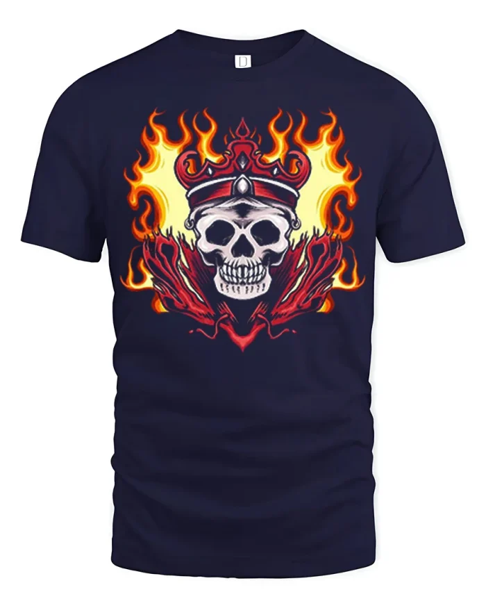 Flaming Skull King Crown Graphic Vintage Gothic Streetwear Tee - navy t-shirt on white background