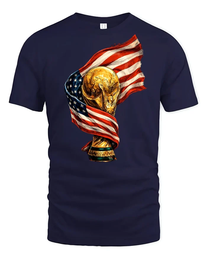 American Flag World Champion Trophy Patriotic Soccer Graphic Tee - navy t-shirt on white background