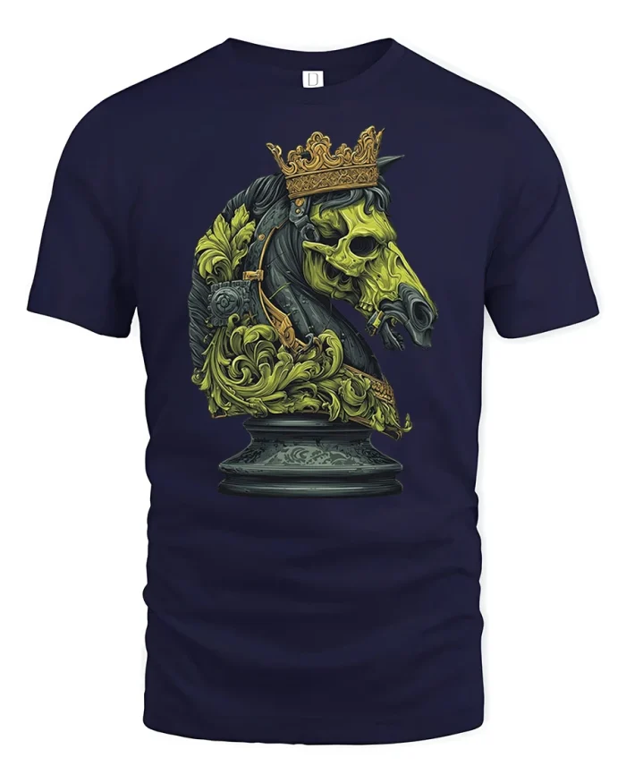 Crowned Skull Horse Chess Knight Gothic Graphic Vintage Tee - navy t-shirt on white background