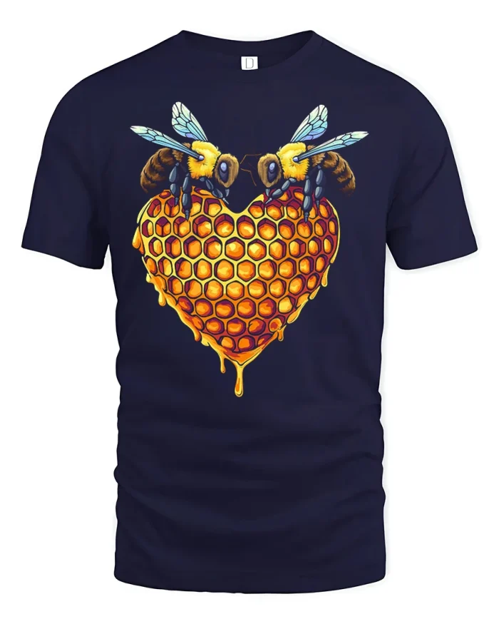 Honeycomb Heart With Bumble Bees Nature Lover Graphic Tee - navy t-shirt on white background