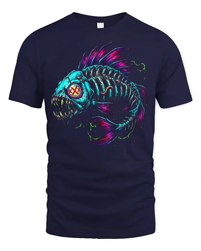 Neon Zombie Skeleton Fish Graphic Tee Dark Ocean Horror Art - navy t-shirt on white background