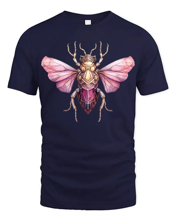 Beautiful Steampunk Jeweled Cicada Bug Graphic Cotton Tshirt - navy t-shirt on white background