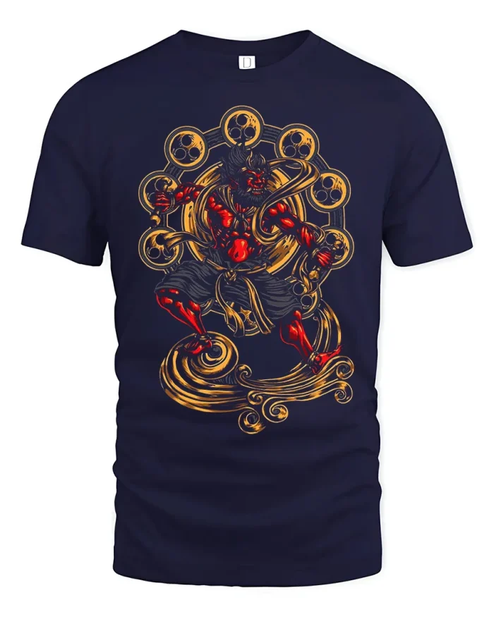 Mythological Japanese Raijin Thunder God Graphic Cotton Tee - navy t-shirt on white background
