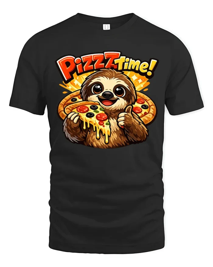 Pizza Time Cute Sloth Funny Food Lover Graphic T Shirt Tee - black t-shirt on white background