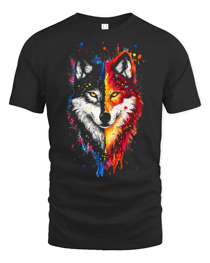 Colorful Wolf Paint Splash Wildlife Graphic T Shirt Tee - black t-shirt on white background