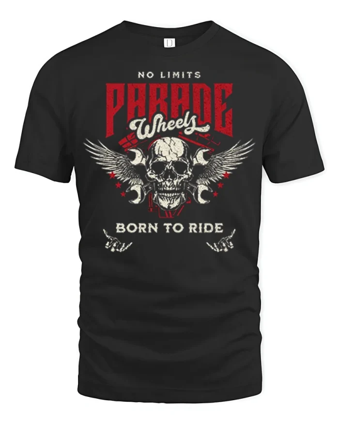 No Limits Prank Wheels Born To Ride Skull Graphic Tee Shirt - black t-shirt on white background