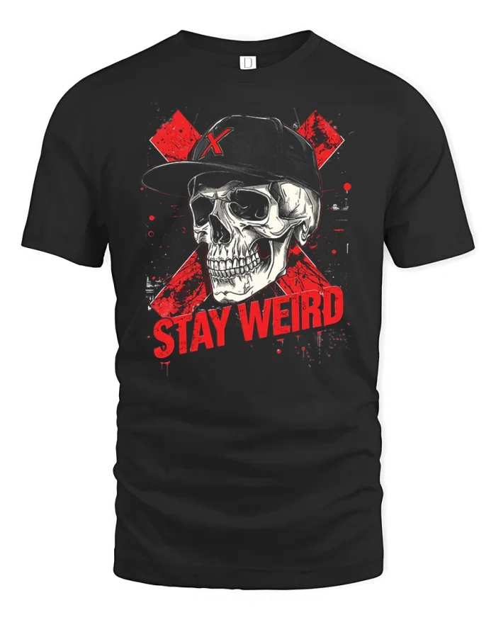 Stay Weird Skull Streetwear Graphic Tee Urban Style Shirt - black t-shirt on white background