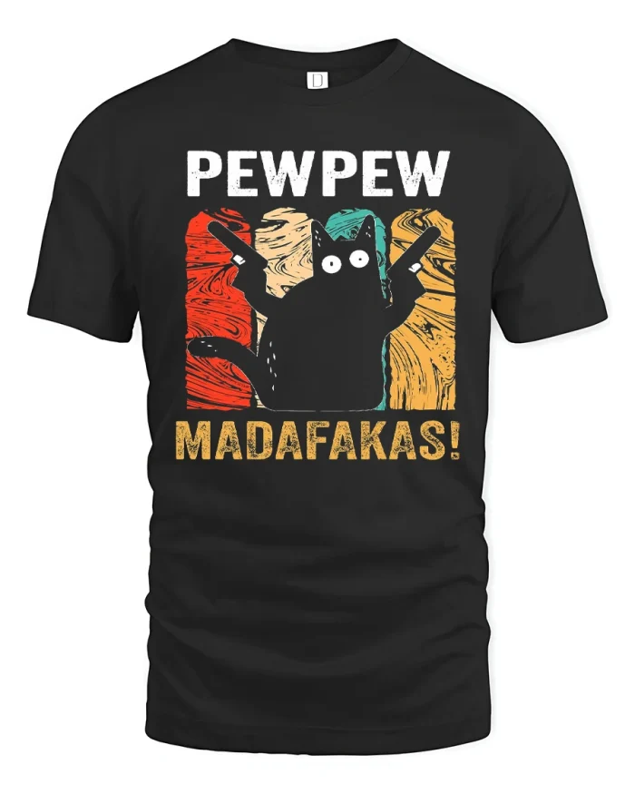 Pew Pew Funny Black Cat Vintage Meme Graphic Tee Shirt - black t-shirt on white background