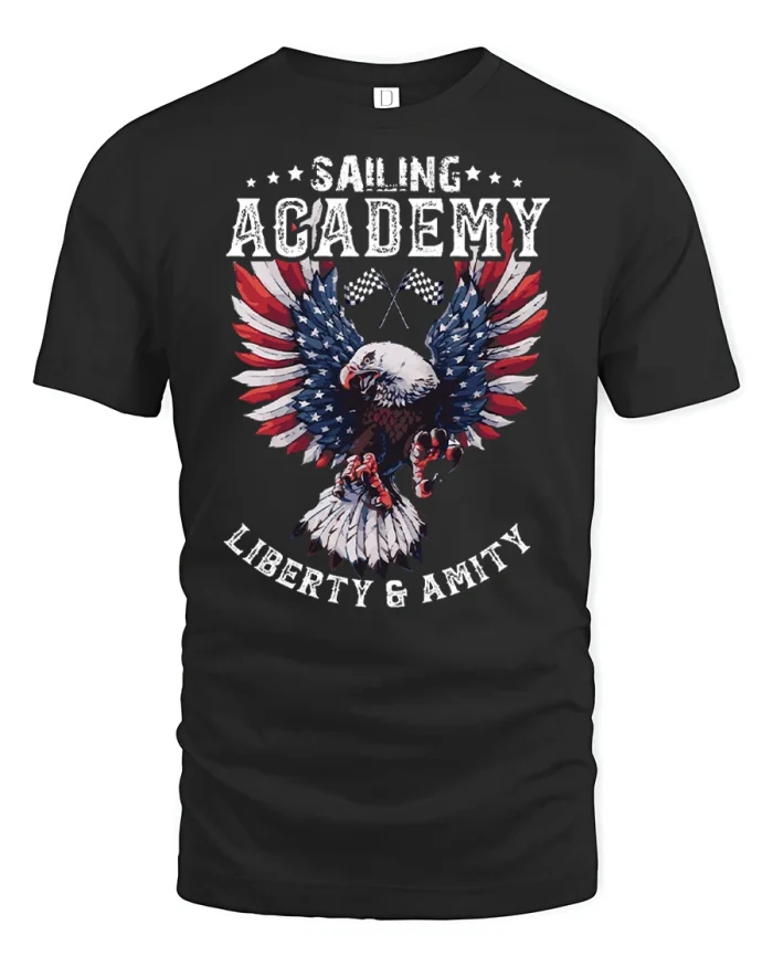 Sailing Academy Liberty And Amity Patriotic Eagle Graphic Tee - black t-shirt on white background