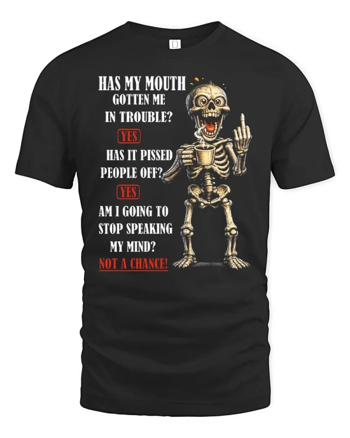 Funny Skeleton Coffee Lover Graphic Tee Speak Your Mind Humor - black t-shirt on white background