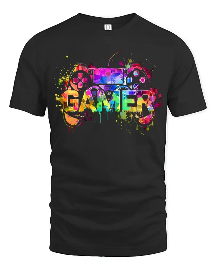 Colorful Gamer Controller Neon Gaming Graphic T Shirt Tee - black t-shirt on white background