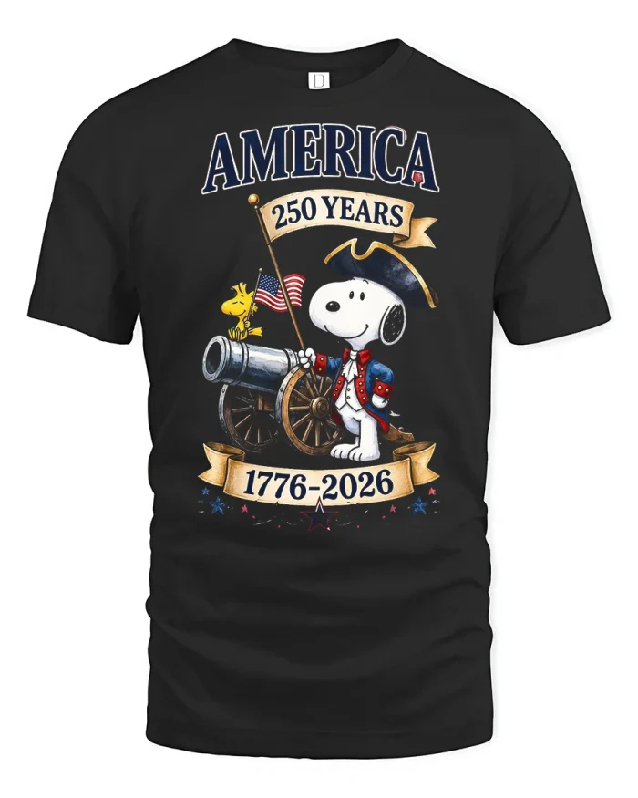 America 250 Years Patriotic Snoopy Graphic Tee Independence Celebration - black t-shirt on white background