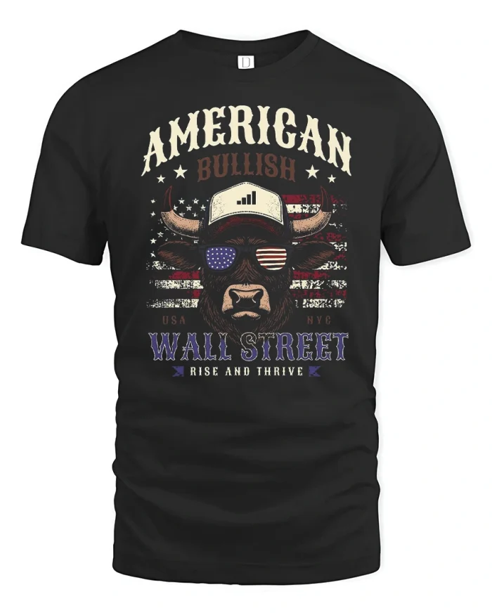 American Bullish Wall Street Patriotic Bull Graphic T Shirt Tee - black t-shirt on white background
