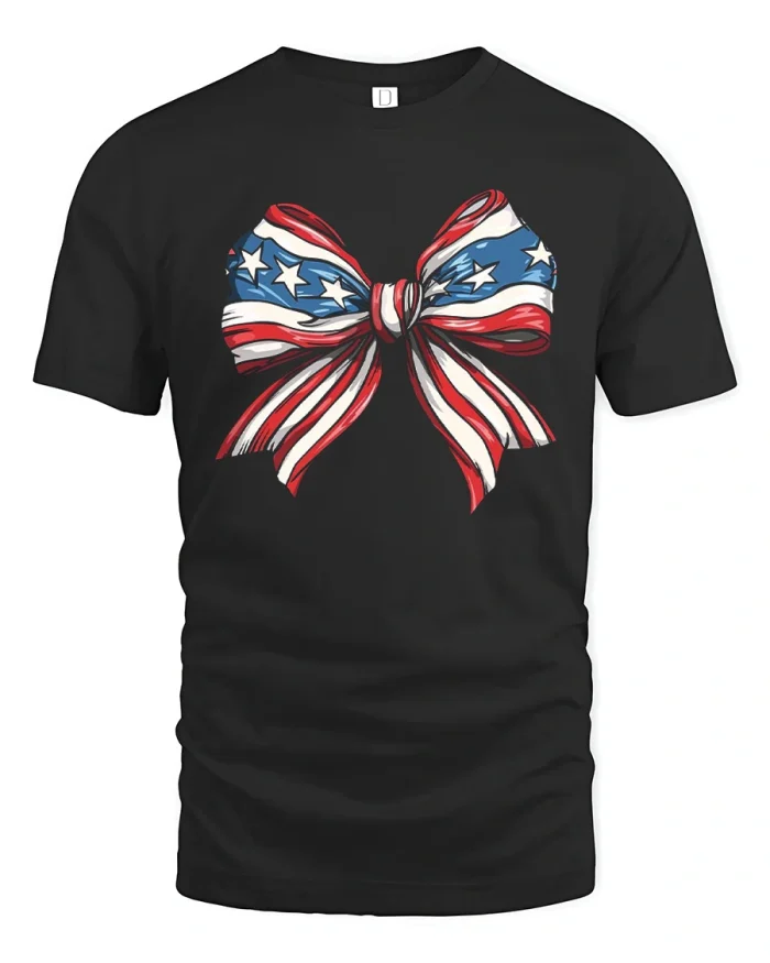 Patriotic American Flag Bow Graphic T Shirt Independence Day Tee - black t-shirt on white background