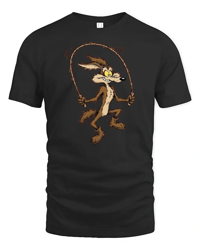 Funny Cartoon Coyote Jump Rope Workout Graphic T Shirt Tee - black t-shirt on white background