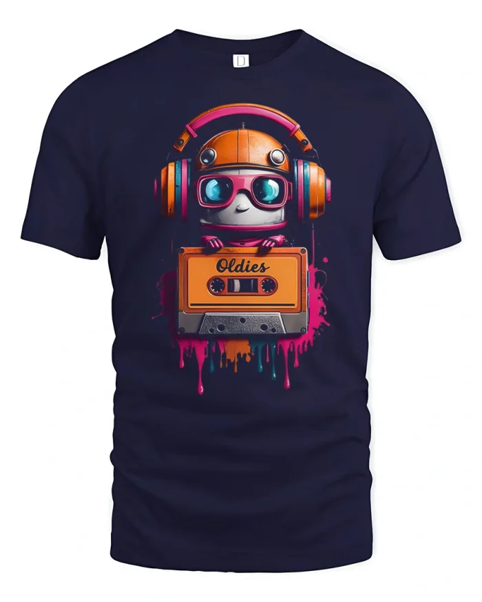 Retro Oldies Robot Cassette Music Graphic Tee Vintage Style Shirt - navy t-shirt on white background