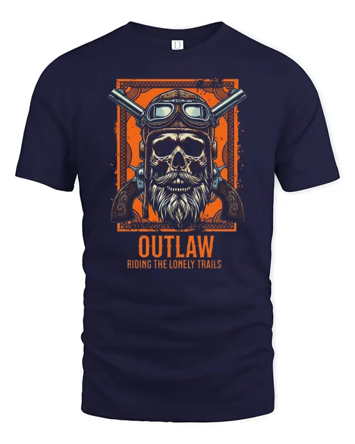 Outlaw Skull Cowboy Vintage Western Graphic Tee Wild West Shirt - navy t-shirt on white background