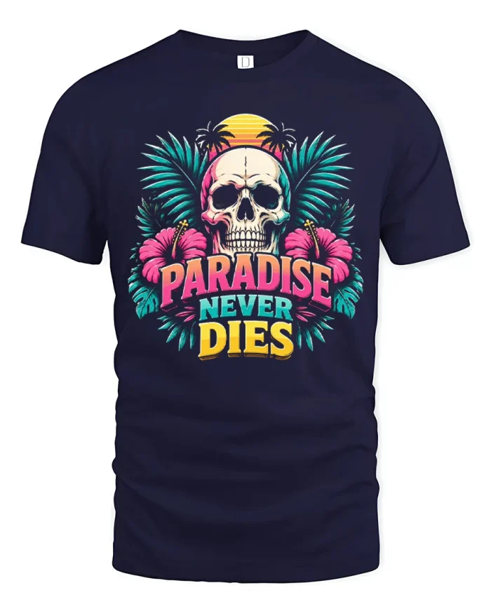 Paradise Never Dies Tropical Skull Vintage Summer Graphic Tee - navy t-shirt on white background