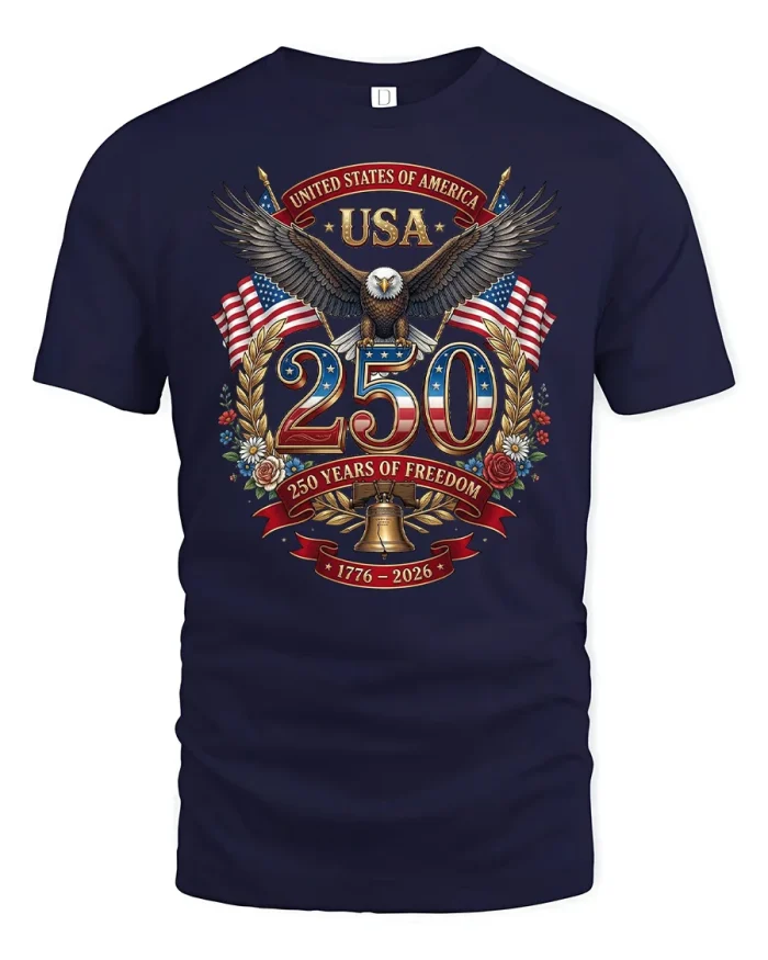 USA 250 Years of Freedom Patriotic Eagle Graphic Tee Shirt - navy t-shirt on white background
