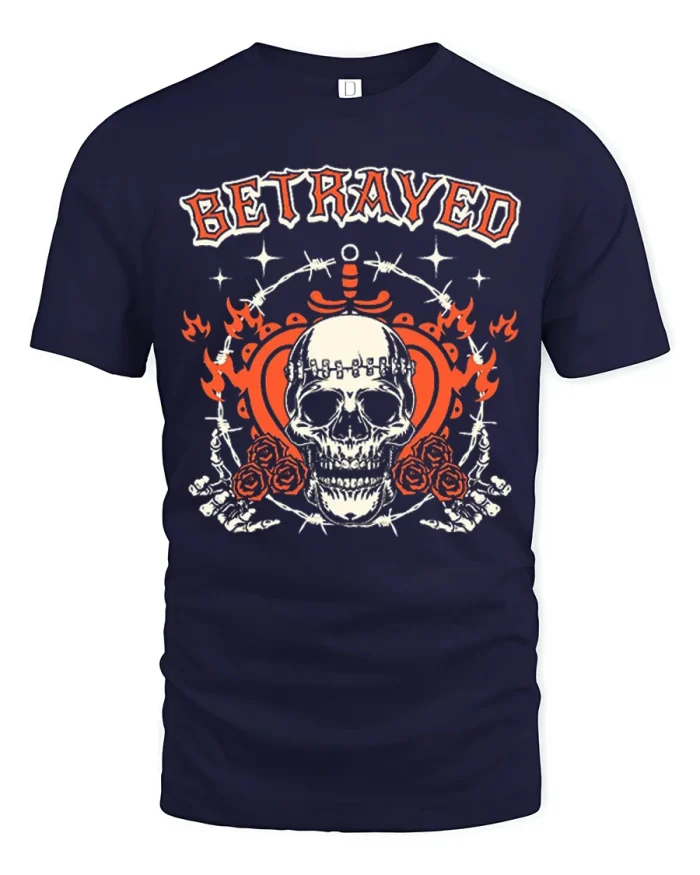 Betrayed Gothic Skull Heart Graphic Tee Dark Streetwear Shirt - navy t-shirt on white background