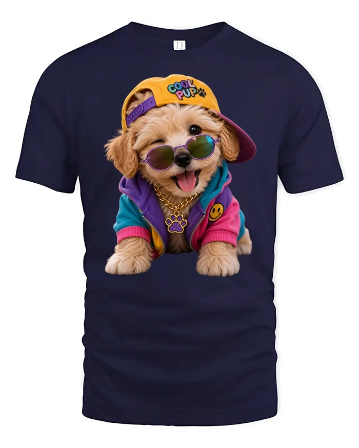Cool Pup Funny Hip Hop Dog Graphic Tee Cute Puppy Tshirt - navy t-shirt on white background