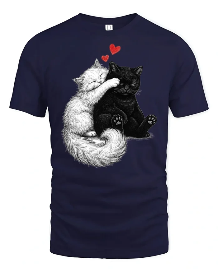 Cute Black And White Hugging Cats Love Graphic Tee Design - navy t-shirt on white background