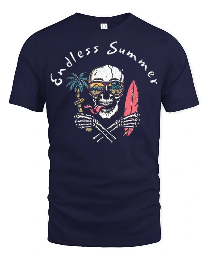 Endless Summer Skull Surfer Beach Graphic Vacation T Shirt - navy t-shirt on white background
