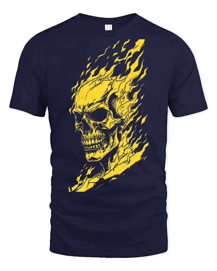 Flaming Skull Graphic Gothic Fire Rider Vintage T Shirt - navy t-shirt on white background