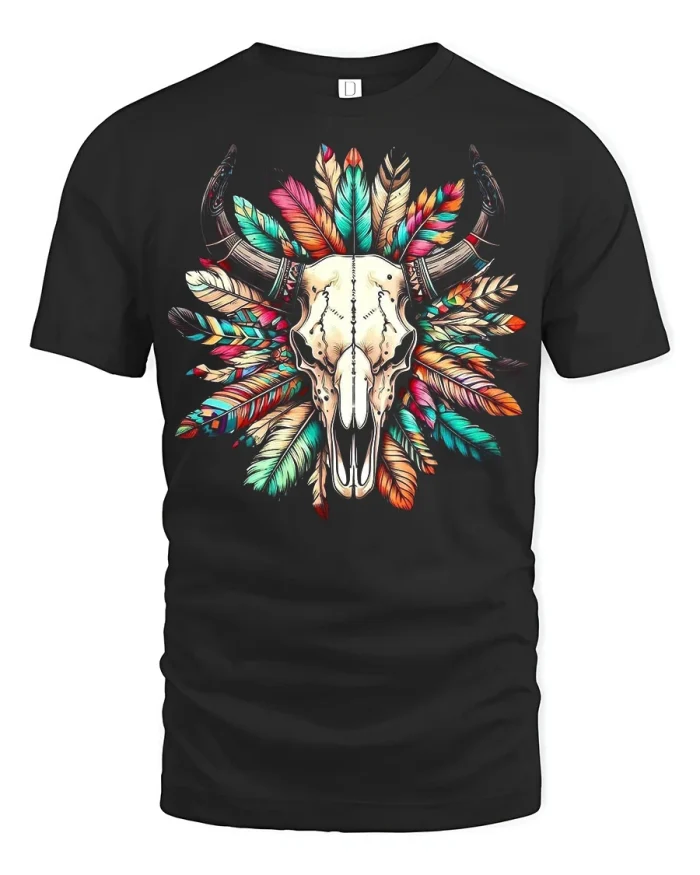 Colorful Tribal Buffalo Skull Graphic Tee Western Boho T Shirt - black t-shirt on white background