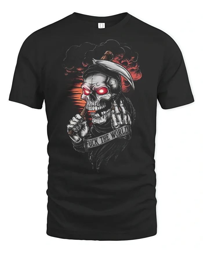 Rebellious Grim Reaper Skull Graphic Tee Dark Gothic Tshirt - black t-shirt on white background