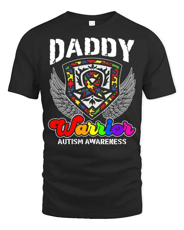 Daddy Warrior Autism Awareness Puzzle Ribbon Graphic Tee Shirt - black t-shirt on white background
