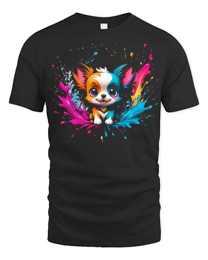 Cute Color Splash Puppy Graphic Tee Adorable Cartoon Dog Tshirt - black t-shirt on white background